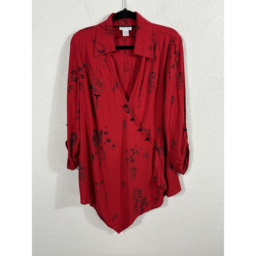 Soft Surroundings Shirt Womens Large Red Tunic Asian Lantern Print Style 25944